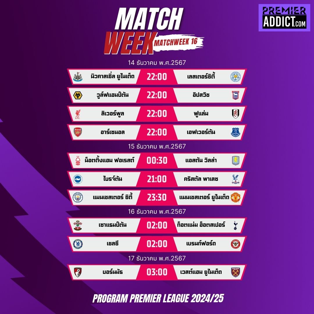 โปรแกรมพรีเมียร์ลีก อังกฤษ อัพเดทล่าสุด ฤดูกาล 2024-25 : สัปดาห์ที่ 16